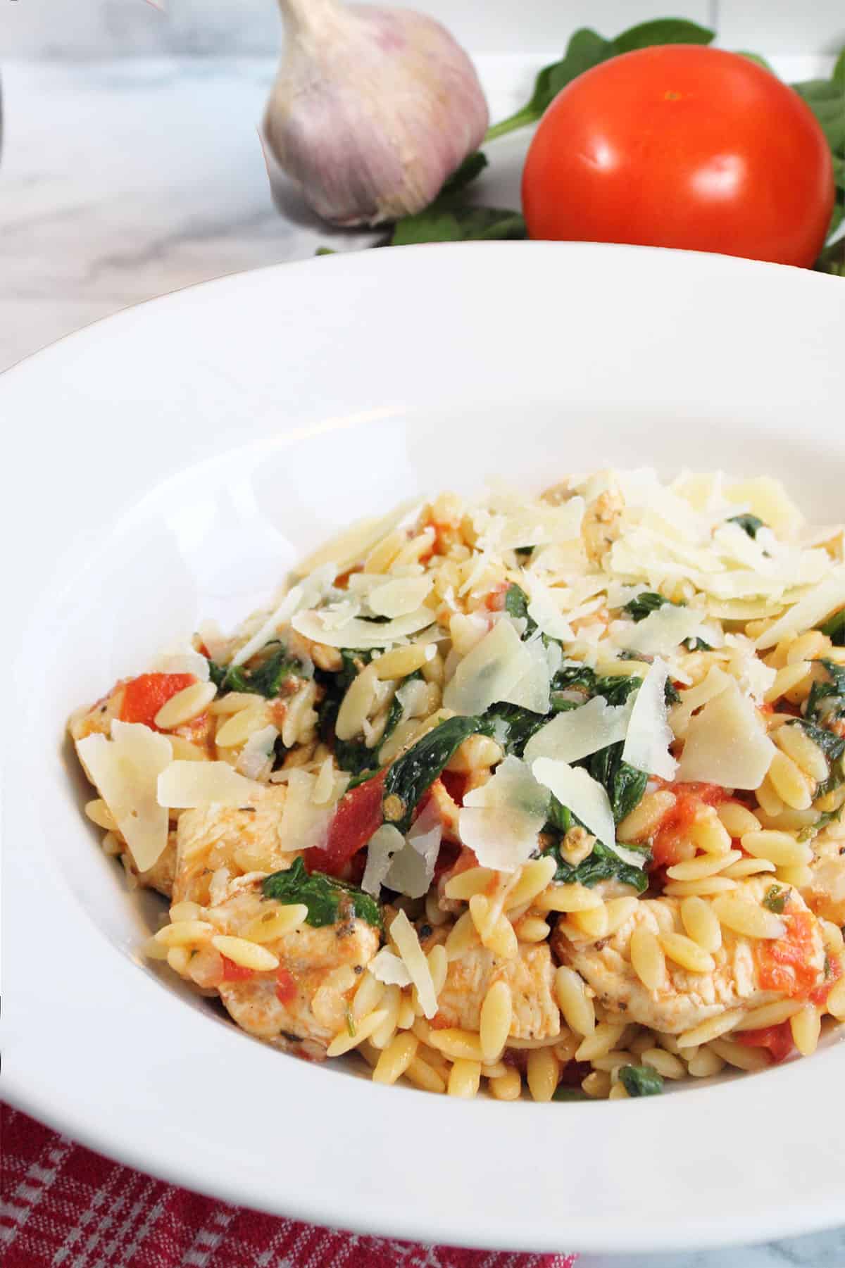 Serving of chicken and orzo with shaved Parmesan garnish.