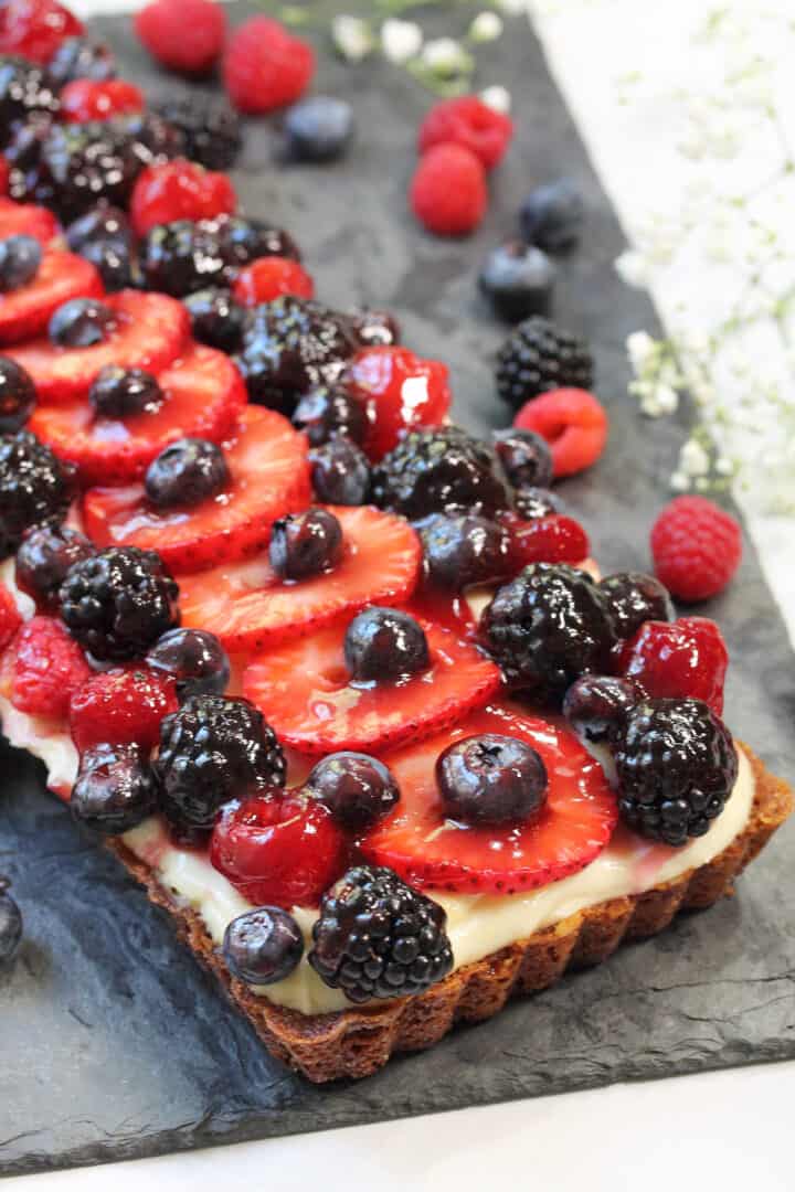 Closeup of fruit on top of tart.