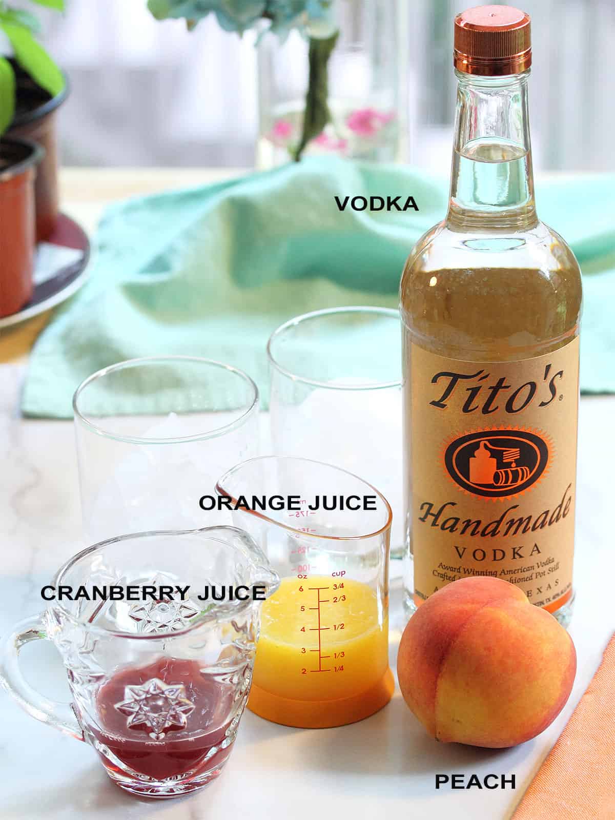 Labeled ingredients for Georgia Peach Cocktail with vodka.