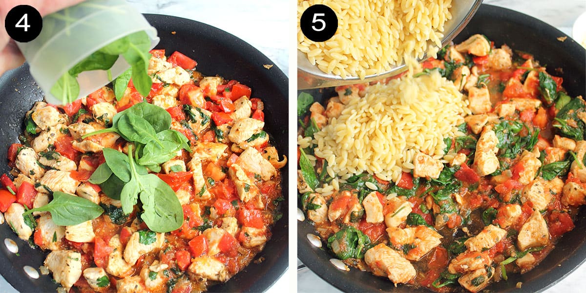 Adding basil and orzo to skillet.