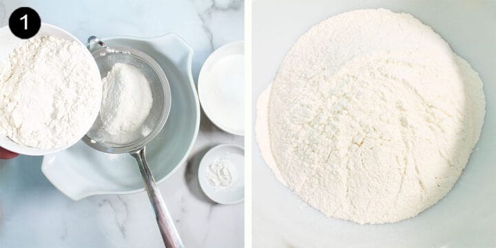 Sifting dry ingredients into bowl and showing the fine powder result.