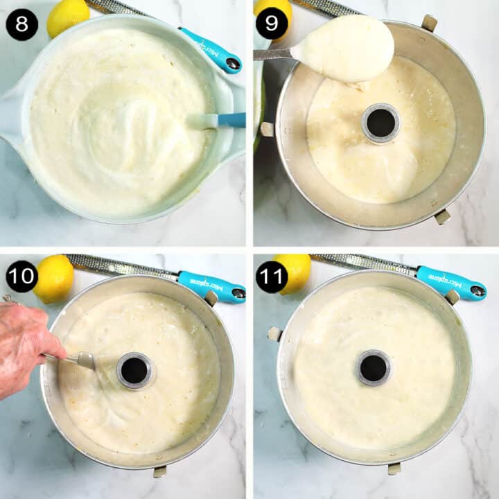 Spooning batter into pan and cutting through it to reduce air pockets.