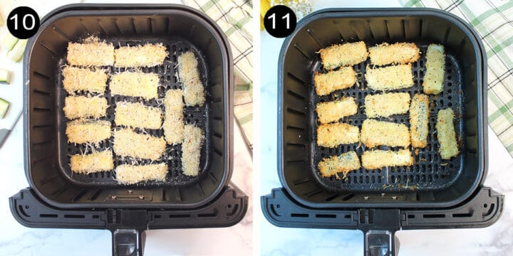 Air frying zucchini fries before and after.