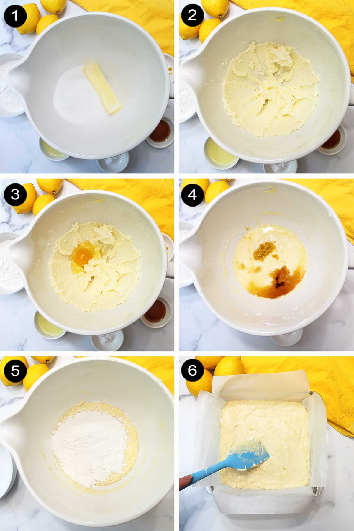 Steps 1-6 for making brownie batter.