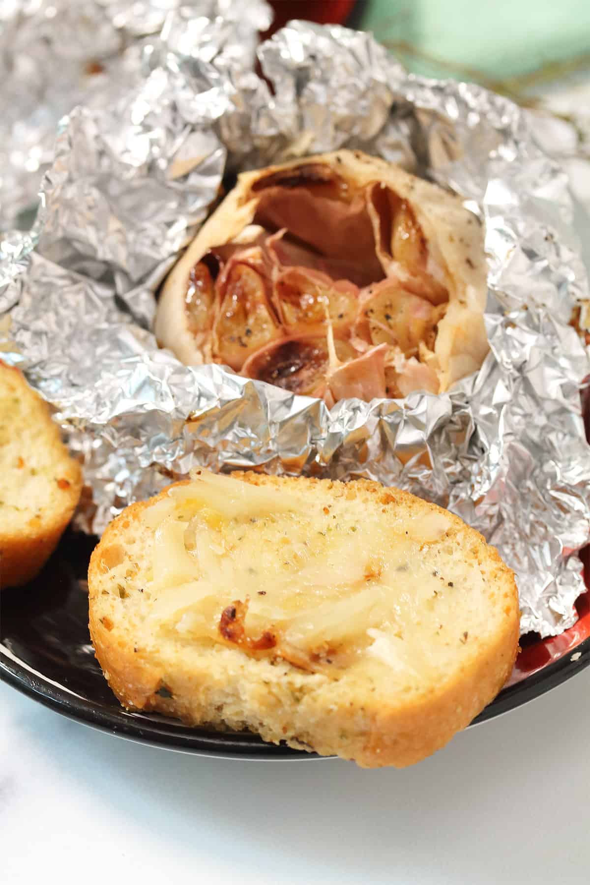 Roasted garlic spread on crusty bread.
