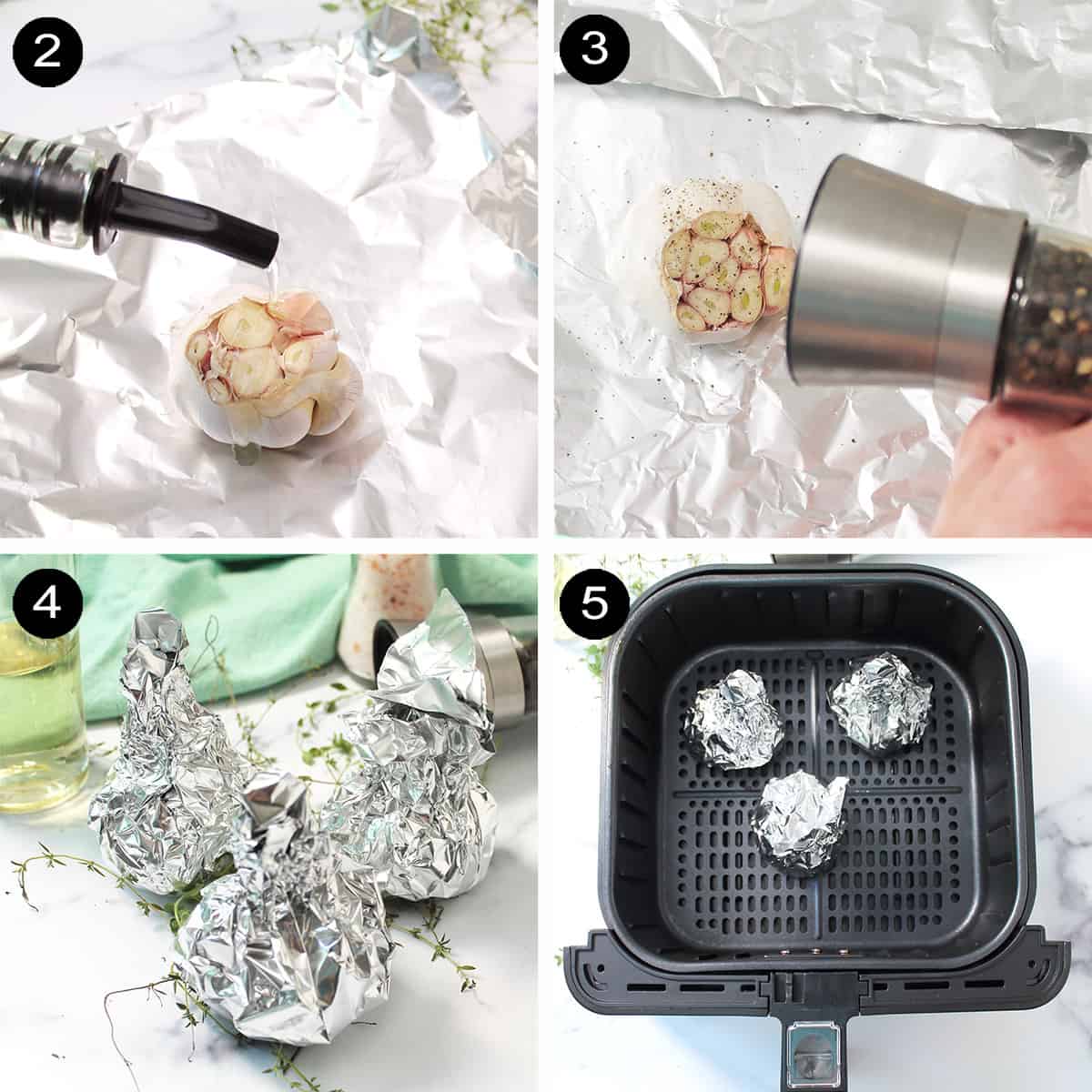 Steps 1-4 to make air fried roasted garlic.
