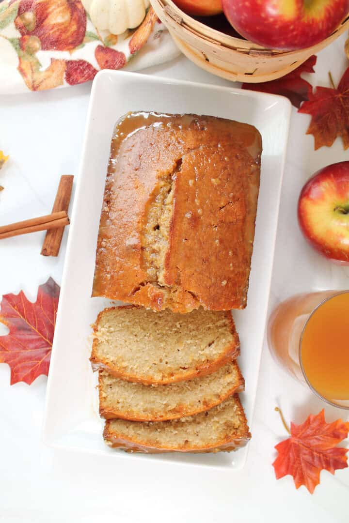 Apple Cider Cake overhead showing caramel glaze.