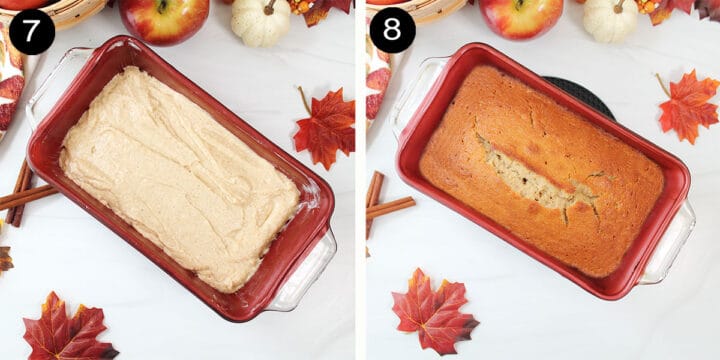 Unbaked and baked loaf cake.