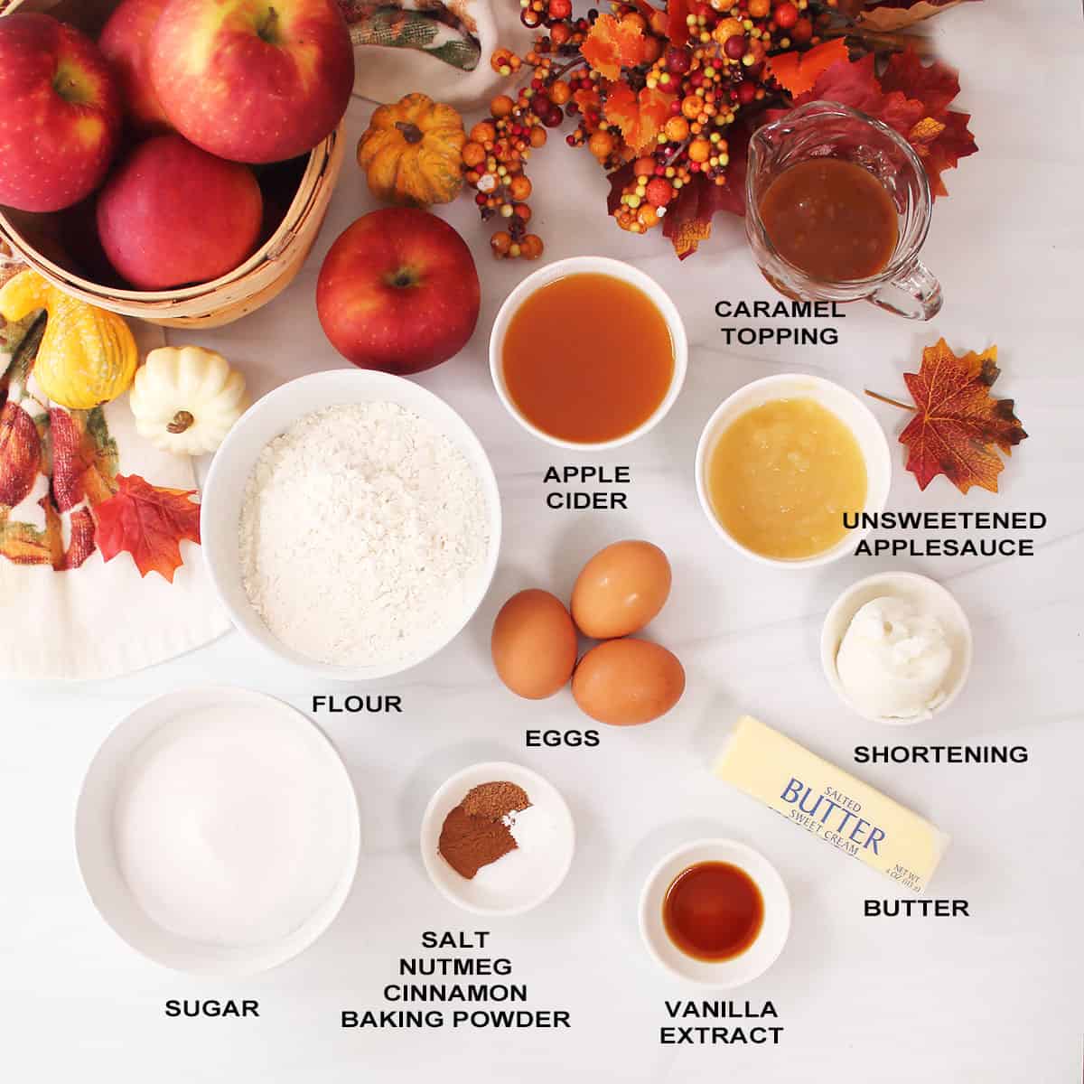 Ingredients for apple cider pound cake.