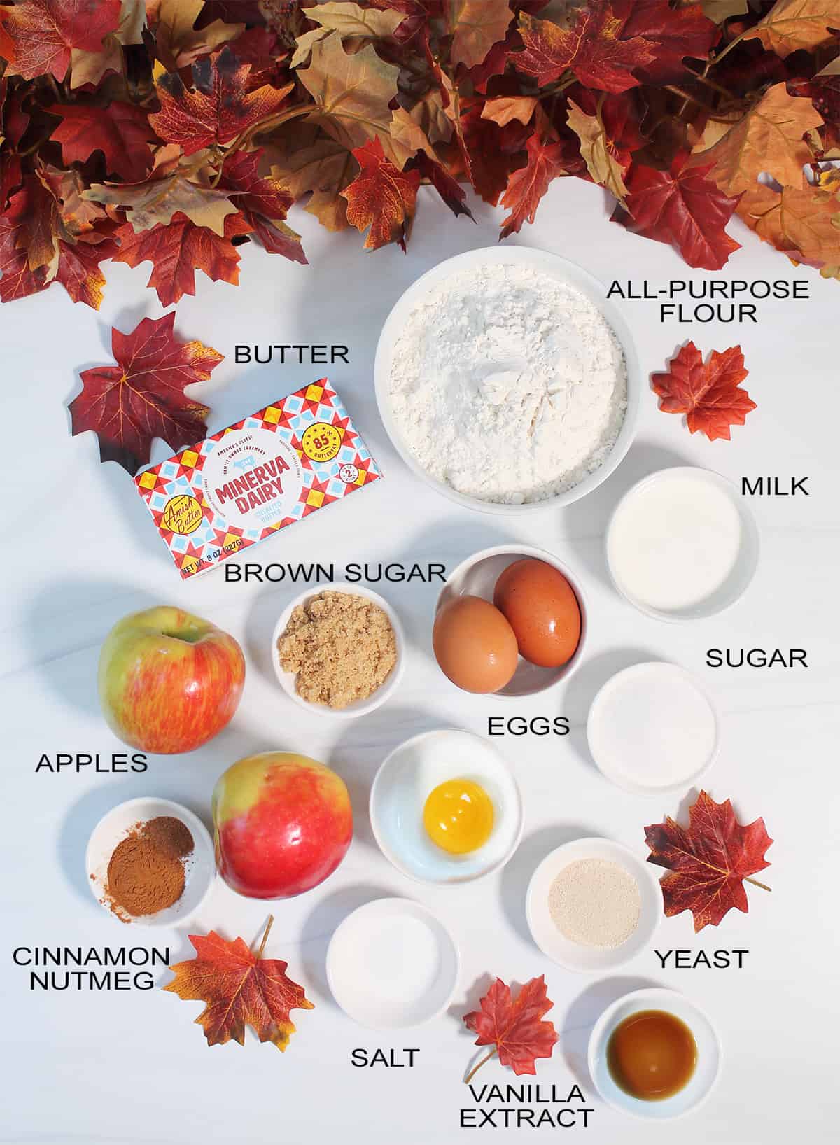 Overhead of ingredients for apple cinnamon pull-apart bread.