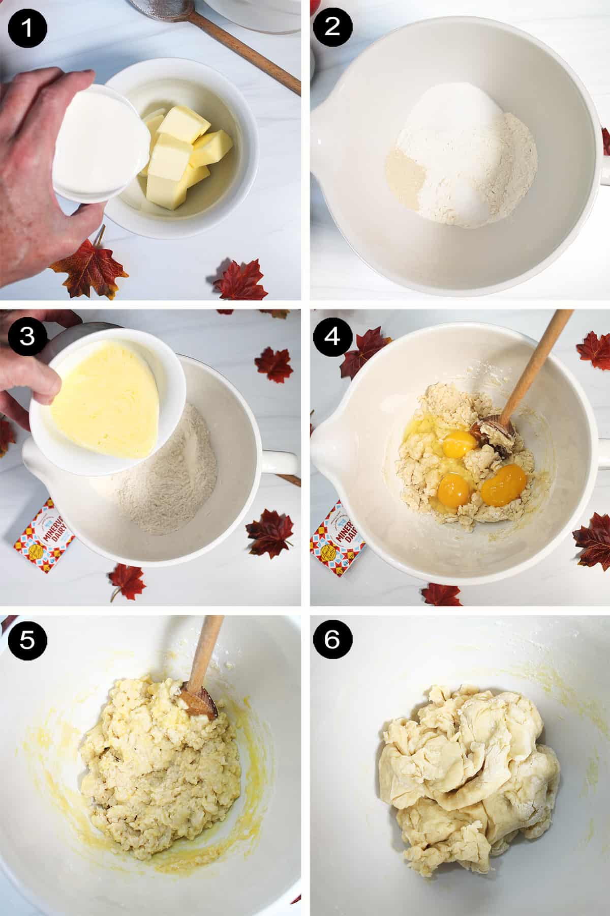 Steps 1-6 to make pull-apart bread dough.