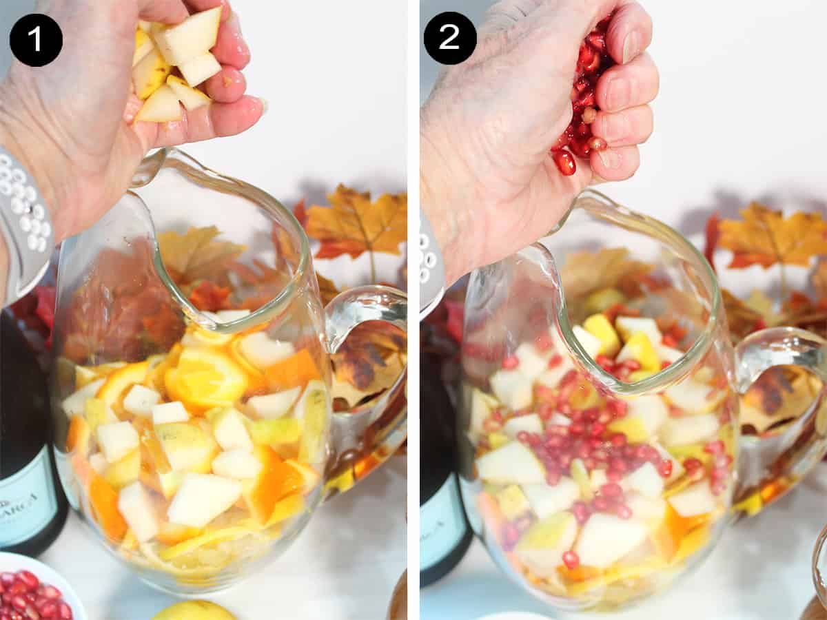 Collage adding fruits to pitcher.