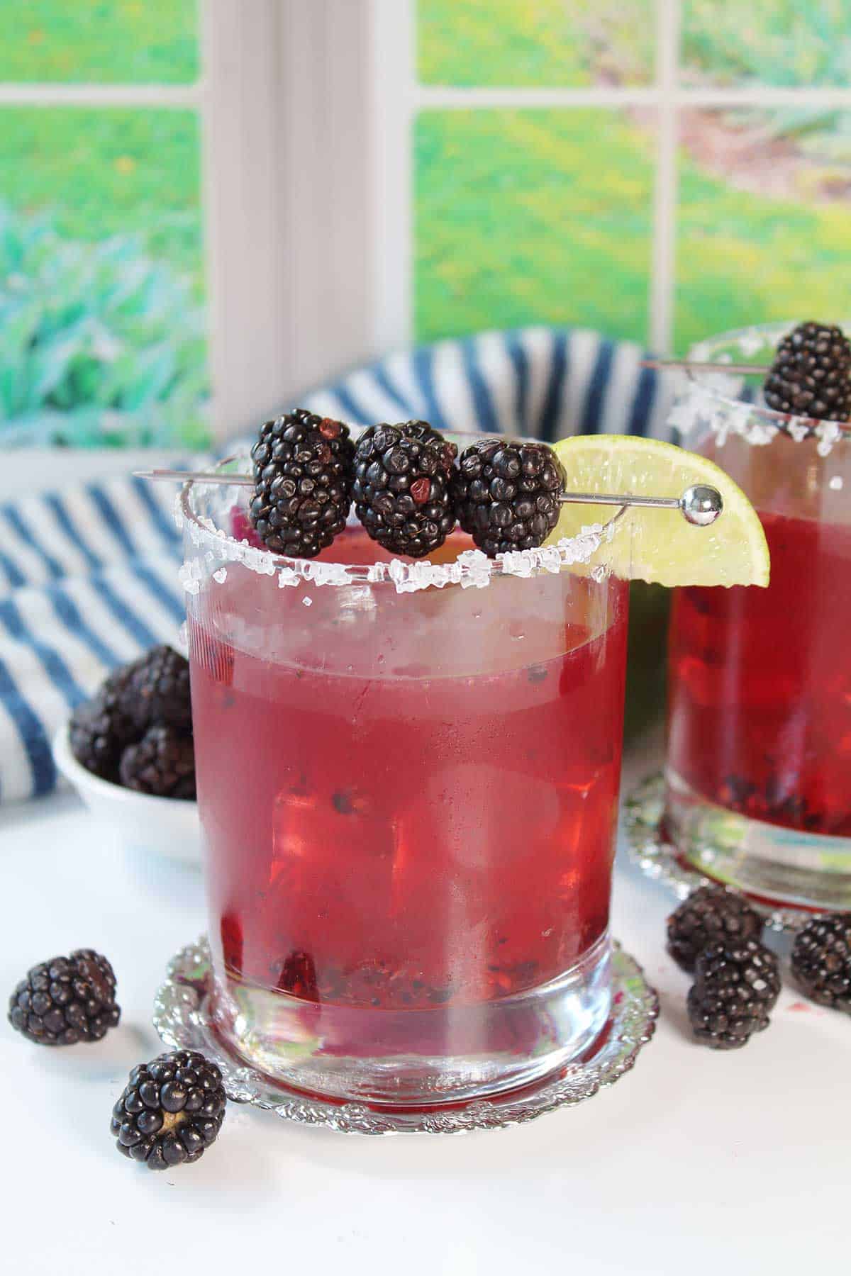 Blackberry Margarita with garnish of blackberries on skewer.