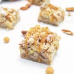 Caramel Apple Bar sprinkled with powdered sugar and drizzled with caramel.