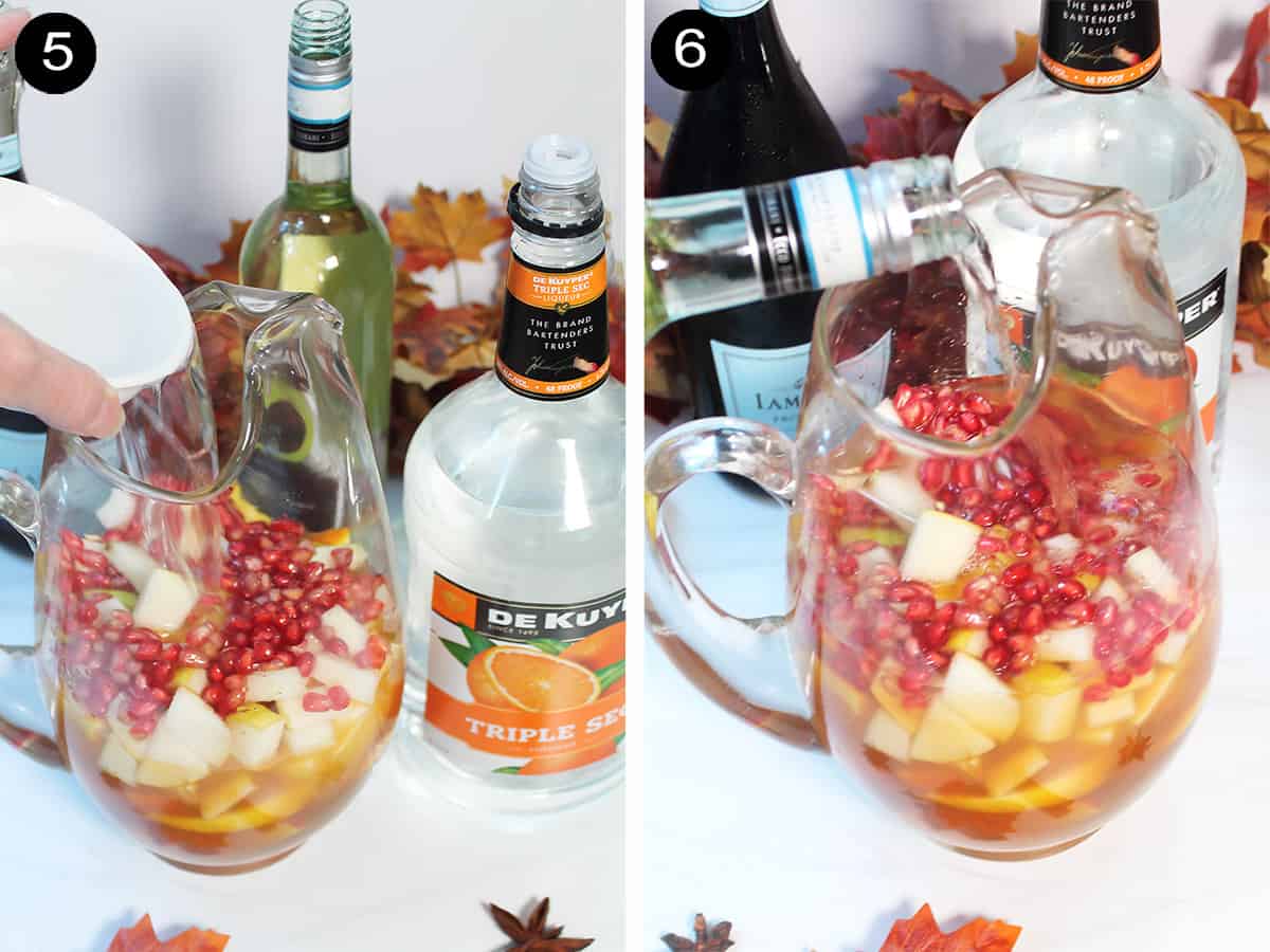 Collage showing adding in triple sec and wine to pitcher.