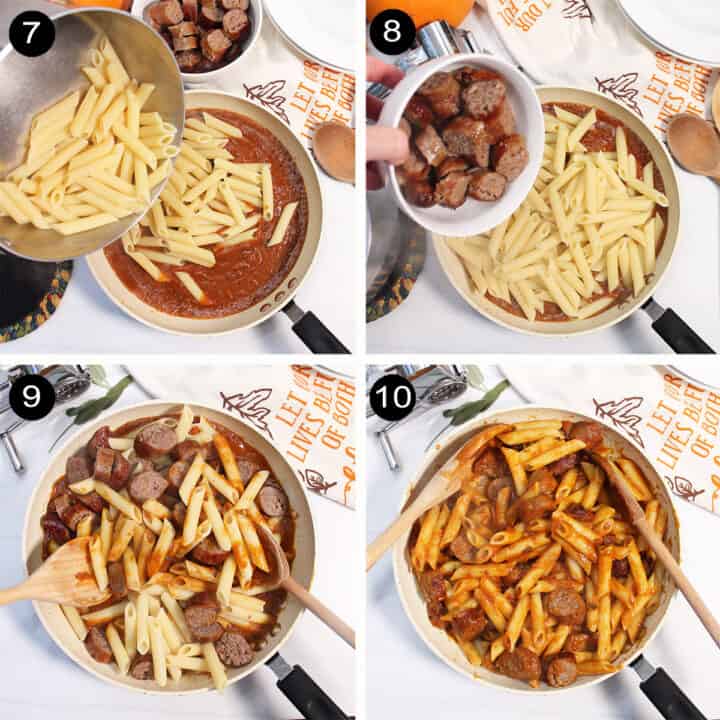 Collage of steps to assemble sausage pasta with pumpkin sauce.