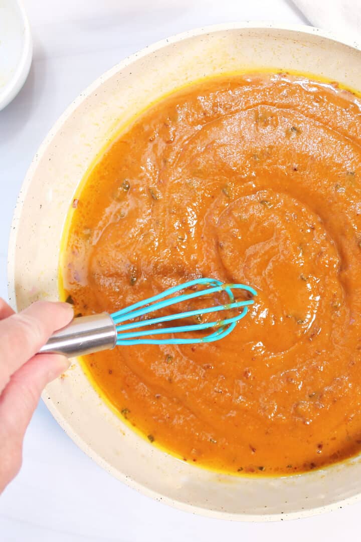 Finished brown butter pumpkin sauce in skillet.