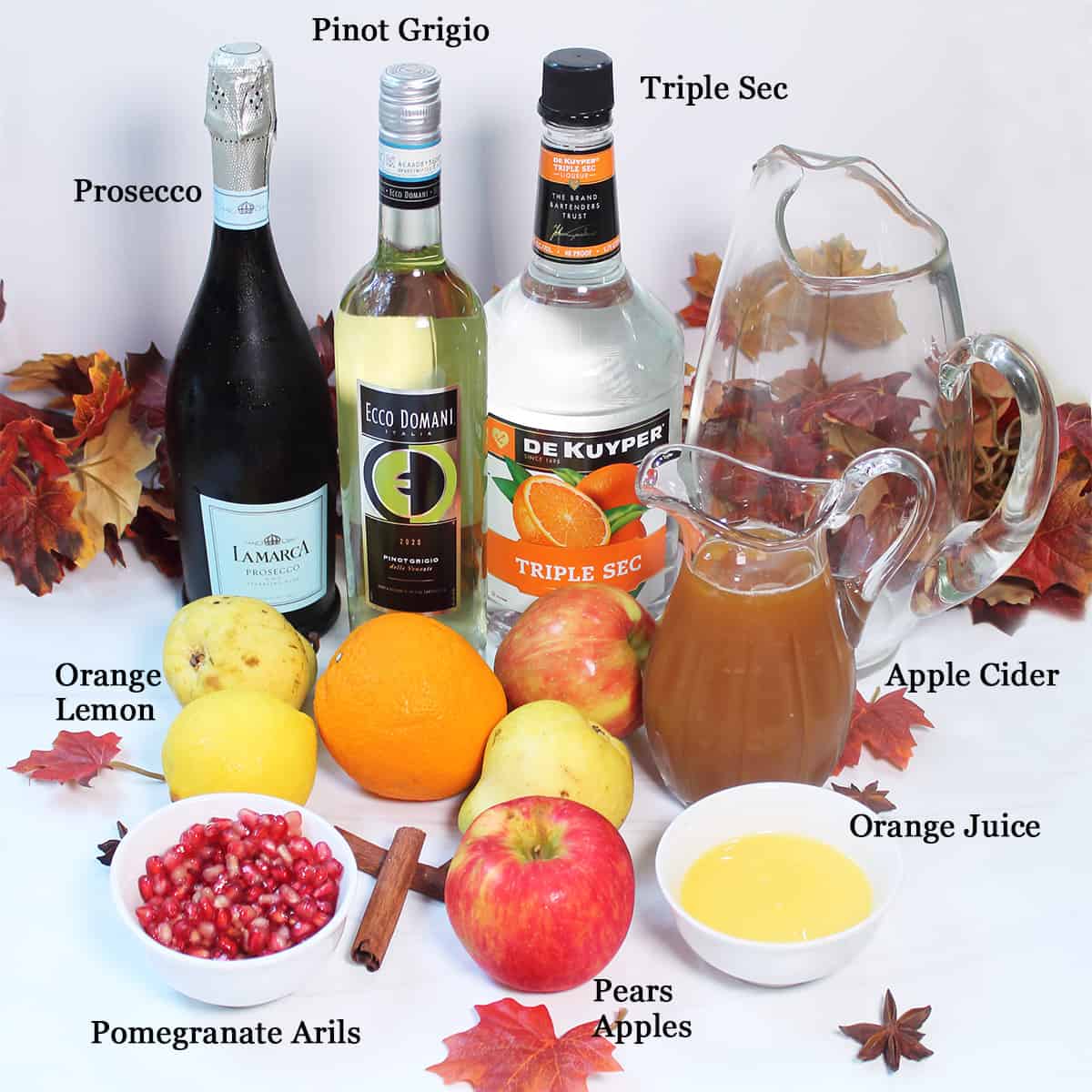 Ingredients for apple cider sangria on white table.