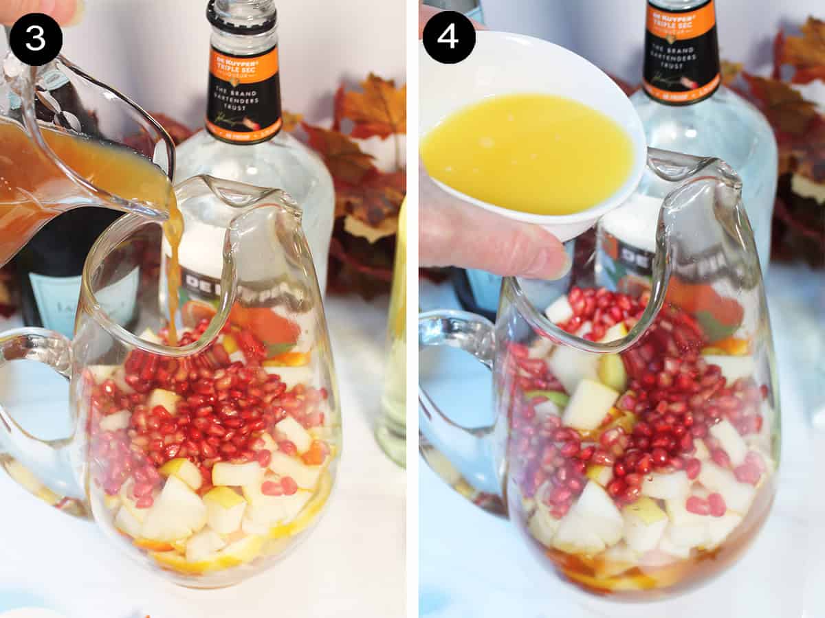 Collage showing pouring in cider and orange juice.
