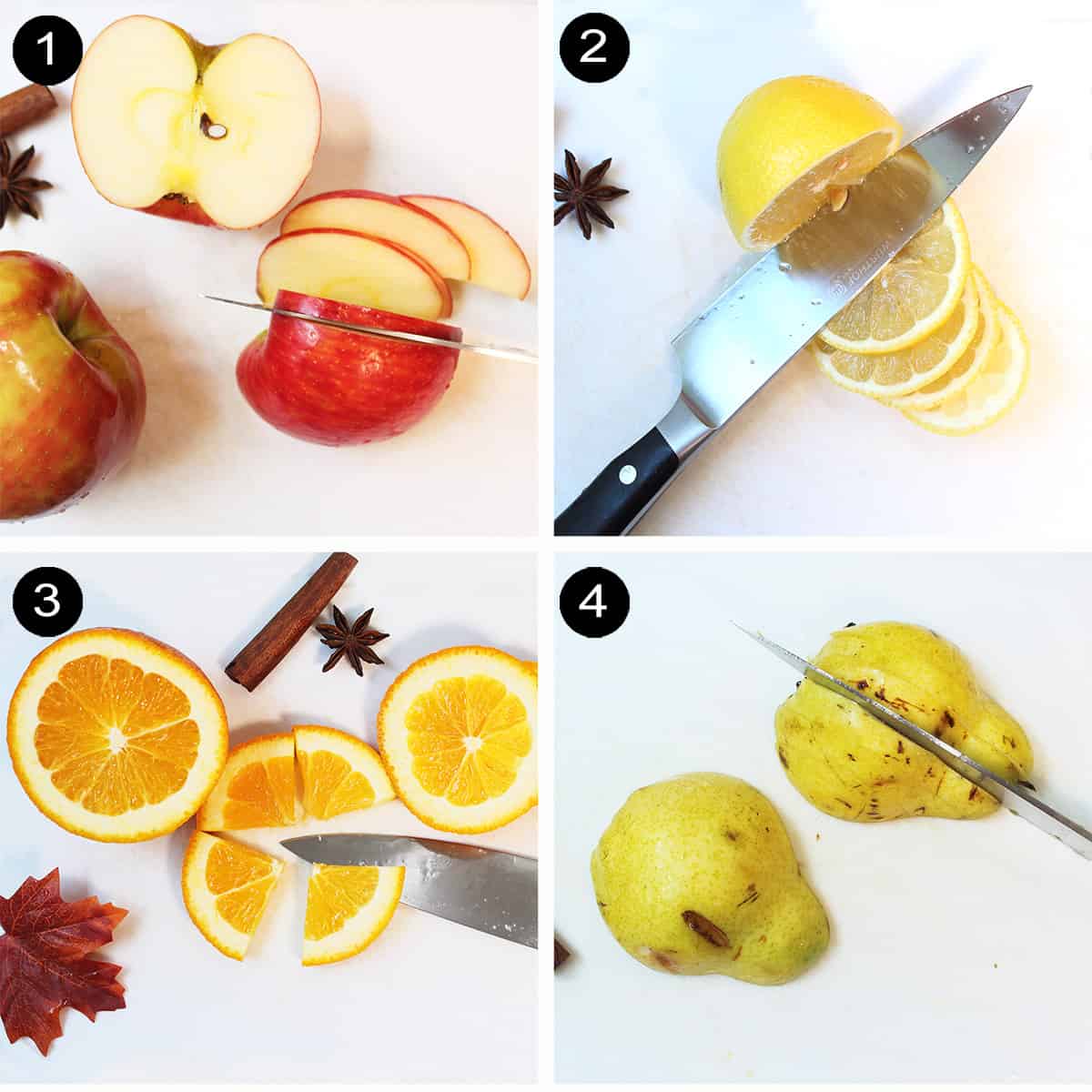 Collage of sliced fruits.
