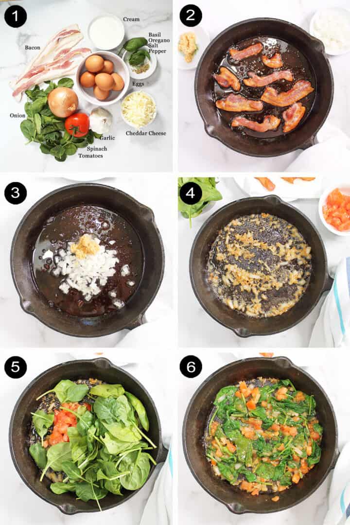 Steps 1-6 for making bacon frittata.