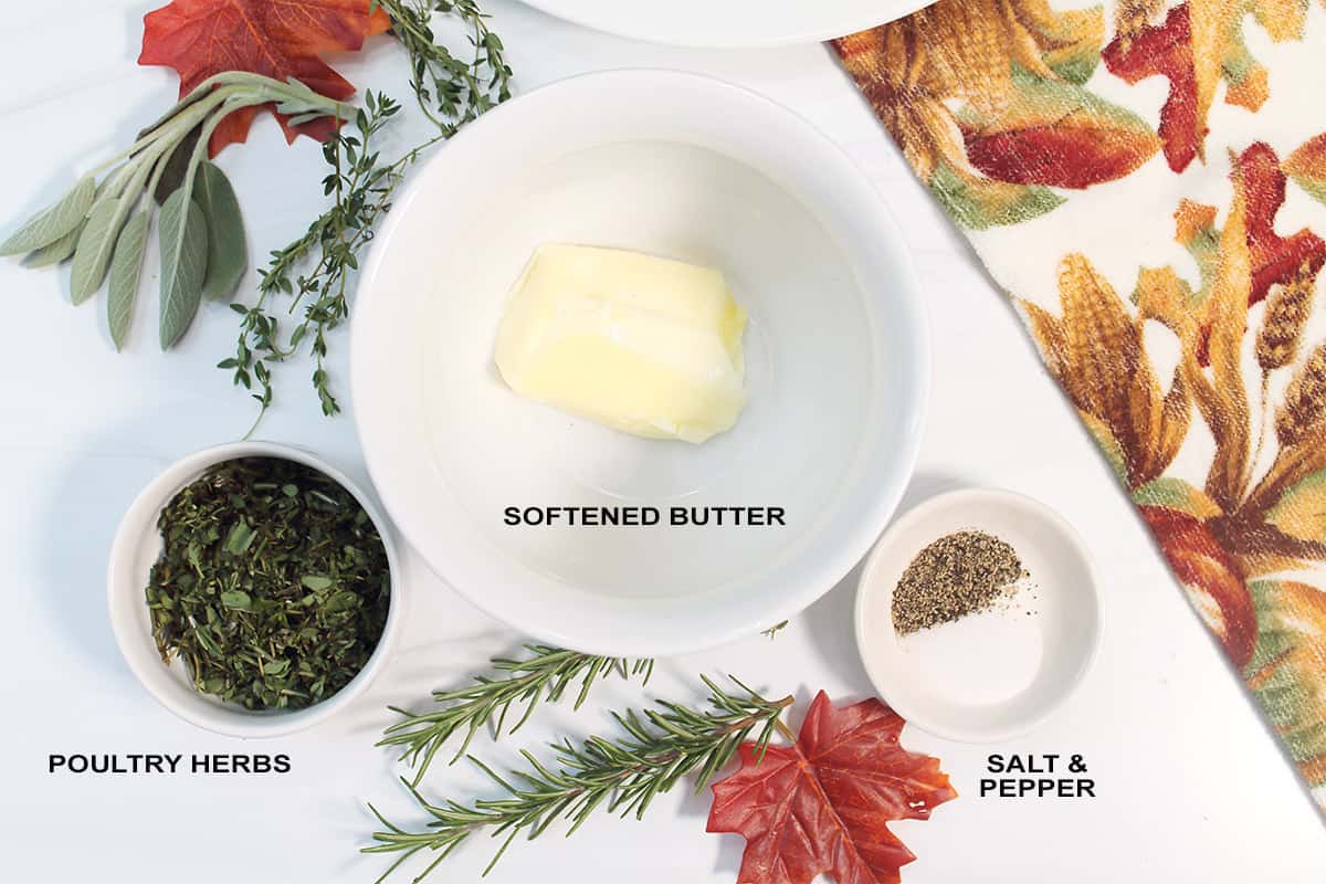 Ingredients for herbed butter labeled.