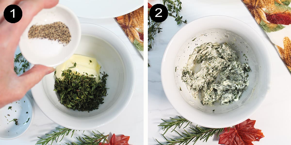 Collage of steps to make herb butter.