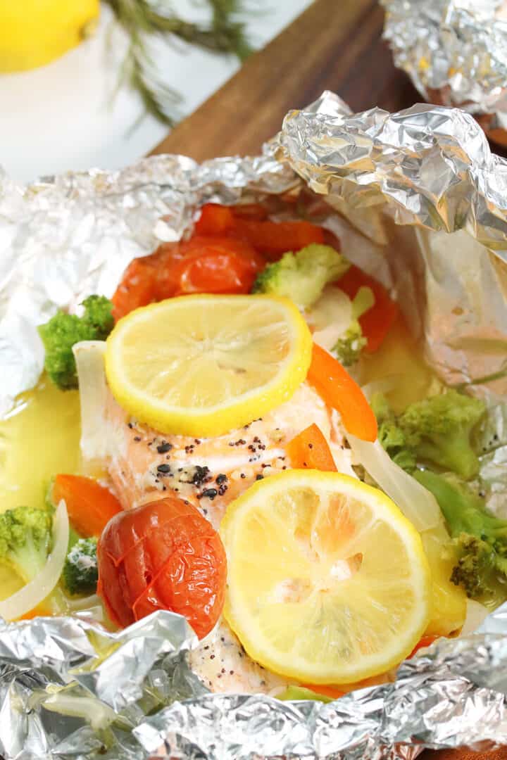Serving of everything bagel salmon in foil.