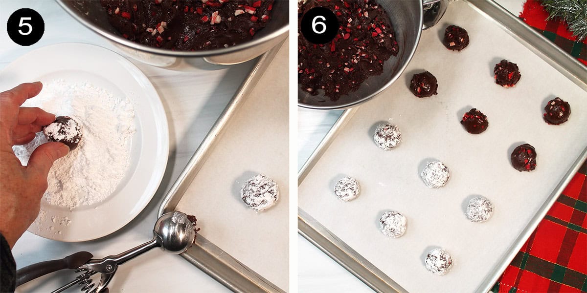 Rolling cookie dough in sugar and scooping on cookie sheet.