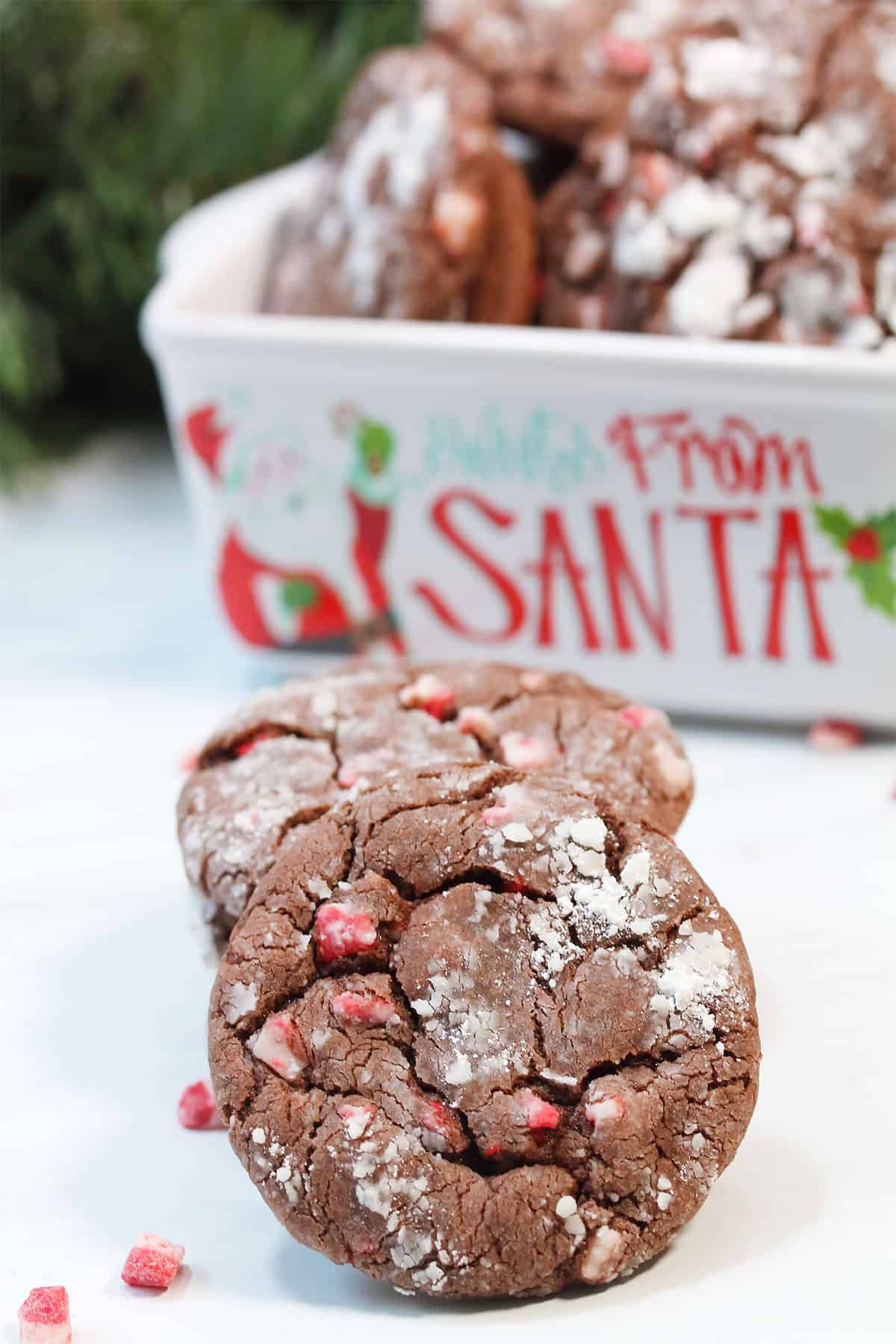 Stacked chocolate cake mix cookies with peppermint in front of Christmas dish.