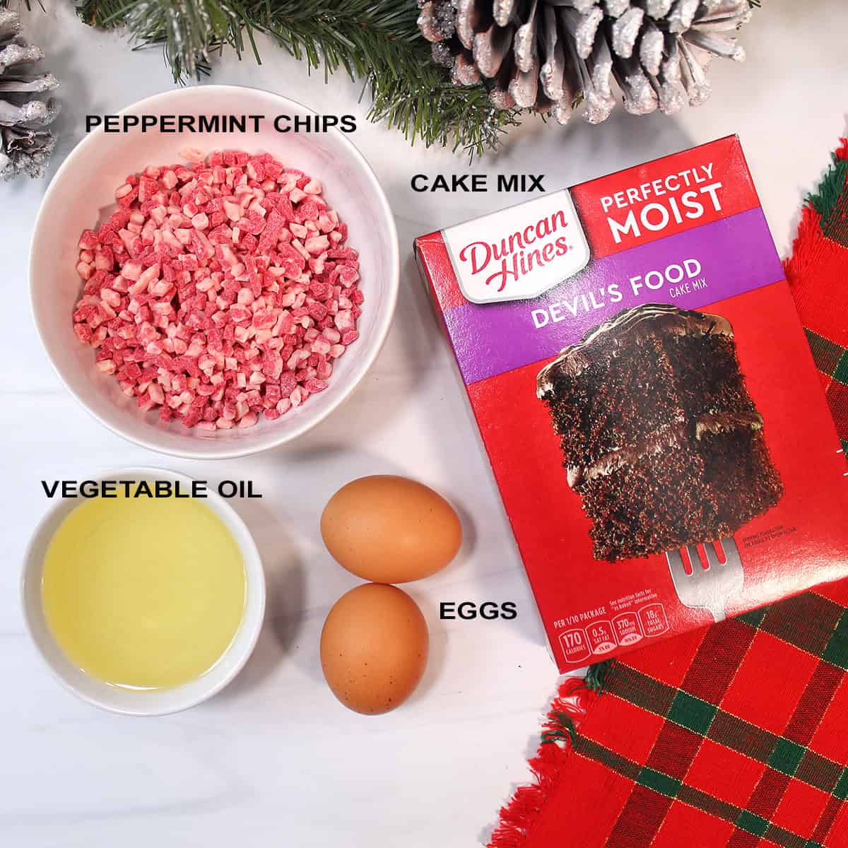 Ingredients for chocolate cake mix cookies with peppermint.