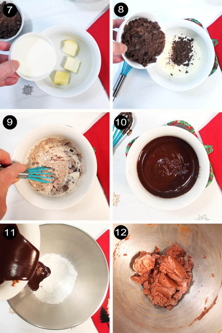 Collage of steps to make chocolate filling.