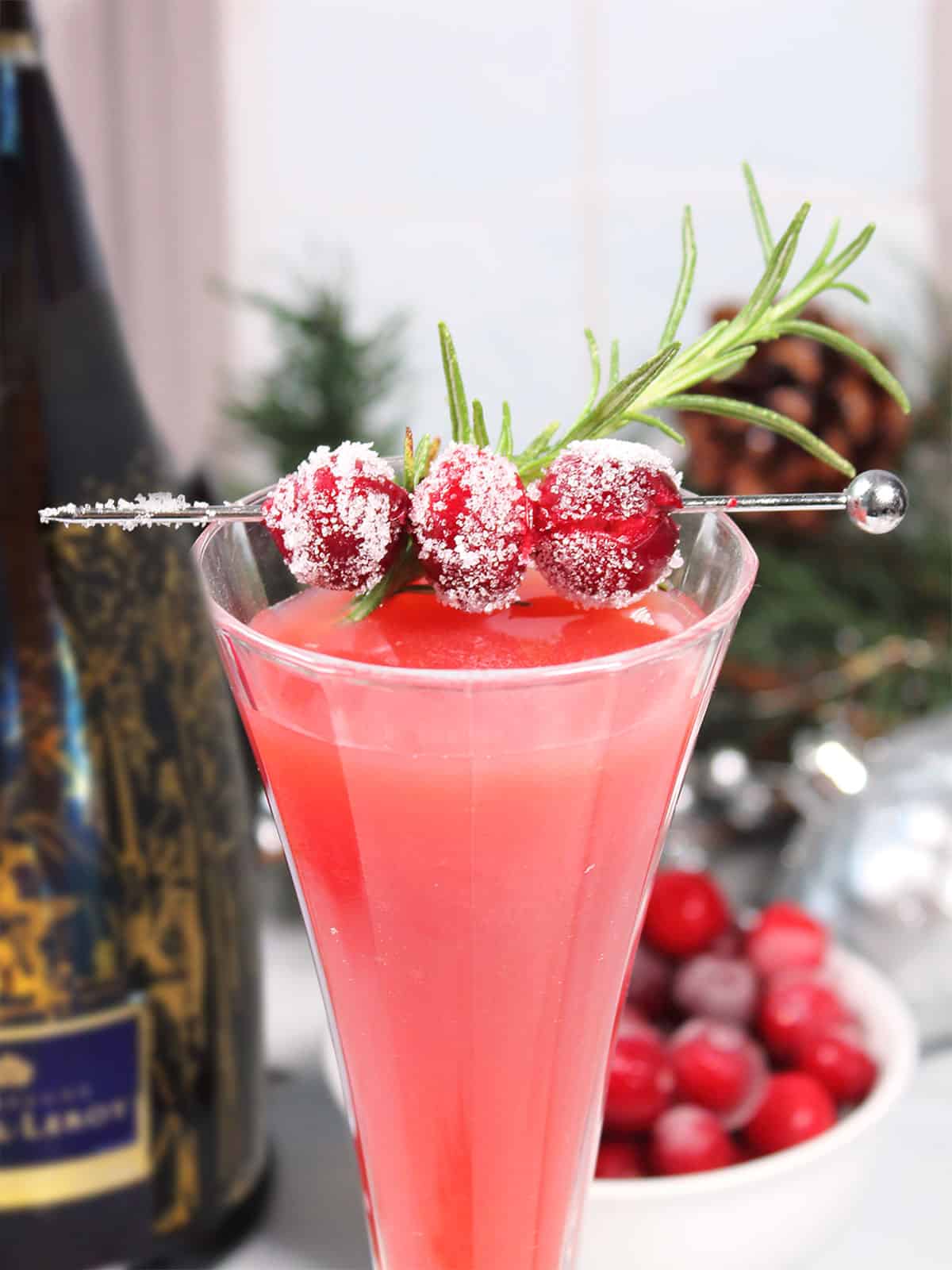 Closeup of cranberries on skewer and rosemary garnish.