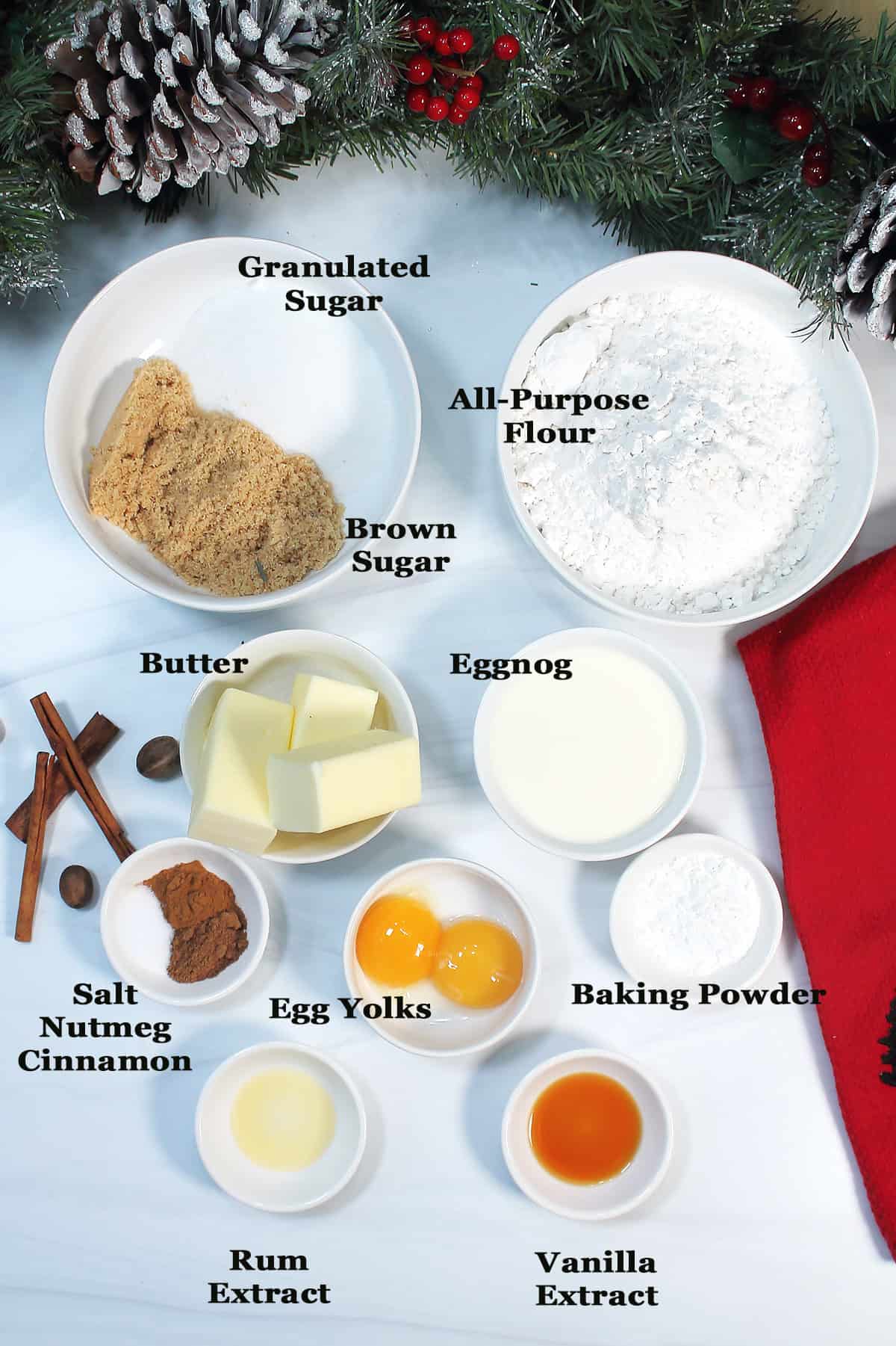 Ingredients for eggnog cookies labeled.