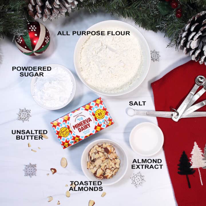 Labeled ingredients for almond shortbread cookies.