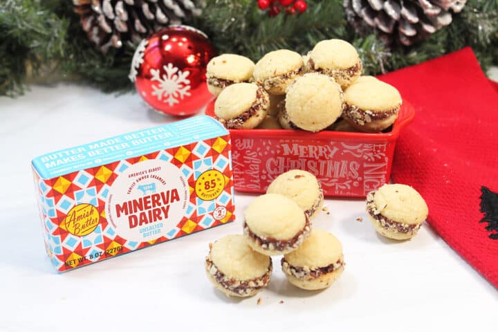 Mini Shortbread Cookies in red Christmas dish.