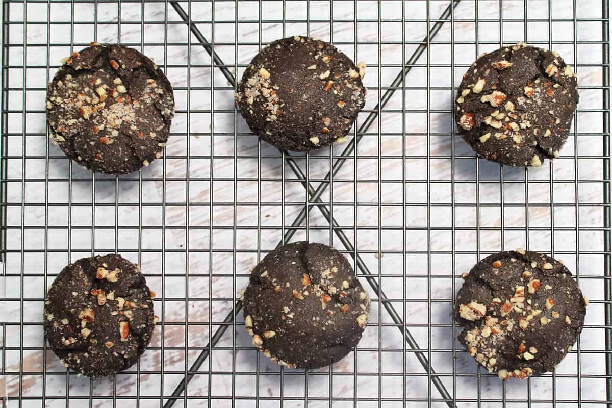 Overhead of baked stuffed Rolo cookies.