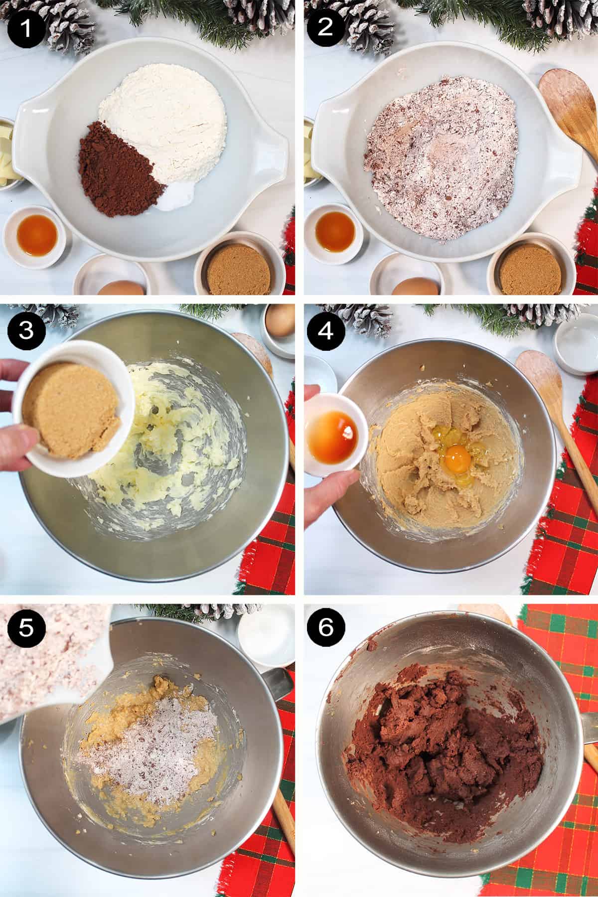 Collage of prep steps to make caramel filled cookies.