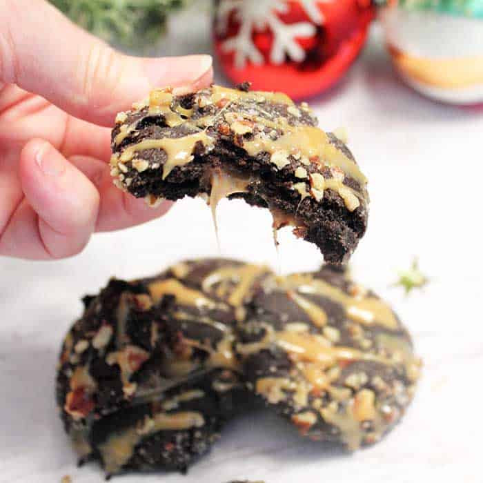 Showing caramel inside of cookie.