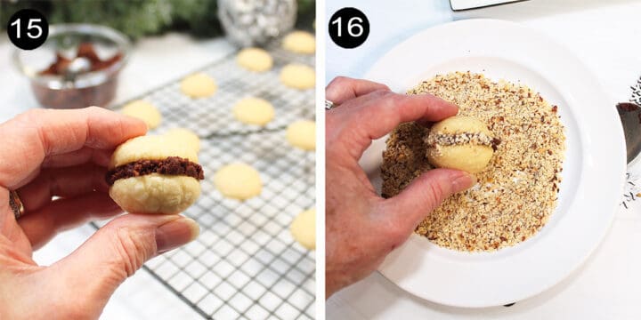 Steps to finish cookies with filling and nuts.