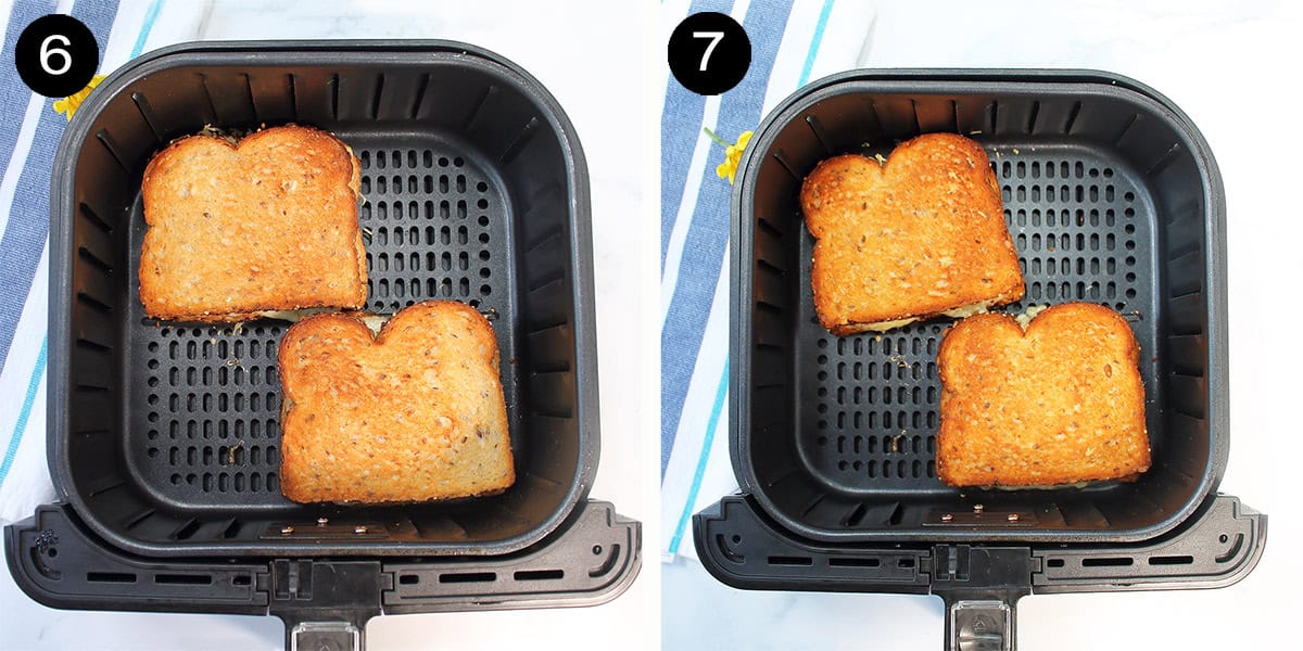 Beautifully toasted grilled cheese in air fryer basket.