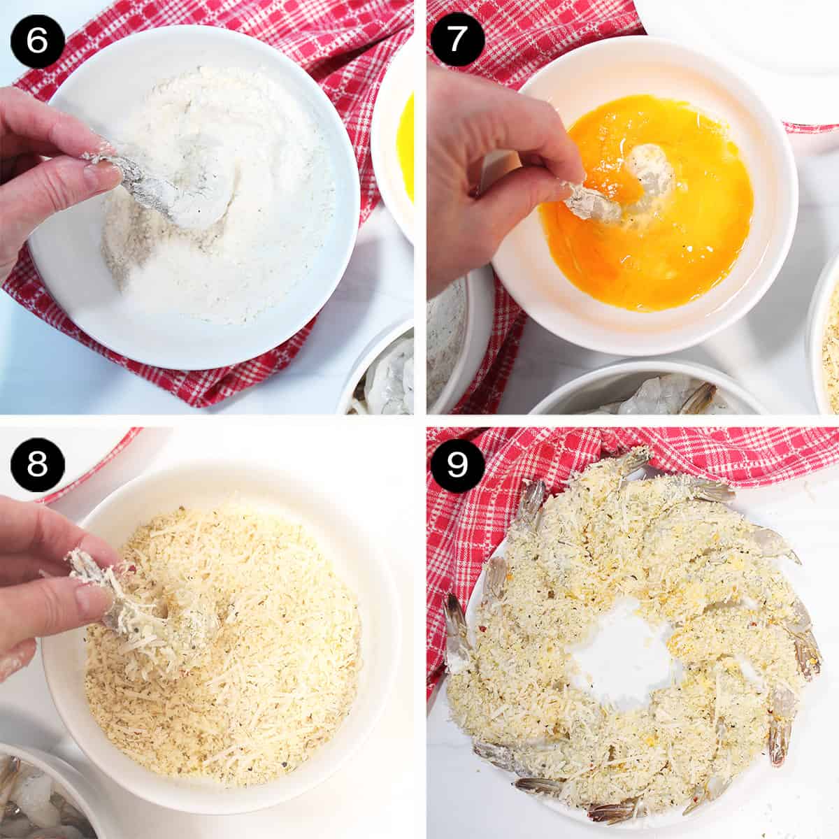 Collage of steps 6-9 for breading shrimp.
