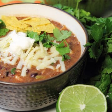 Garnished bowl of chicken black bean soup.