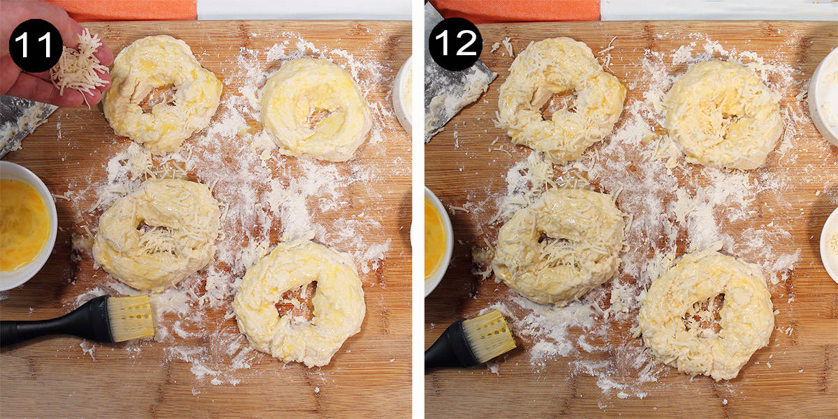 Topping bagels with cheese.