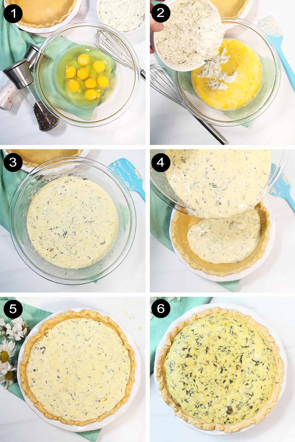 Collage of steps to make easy quiche recipe.