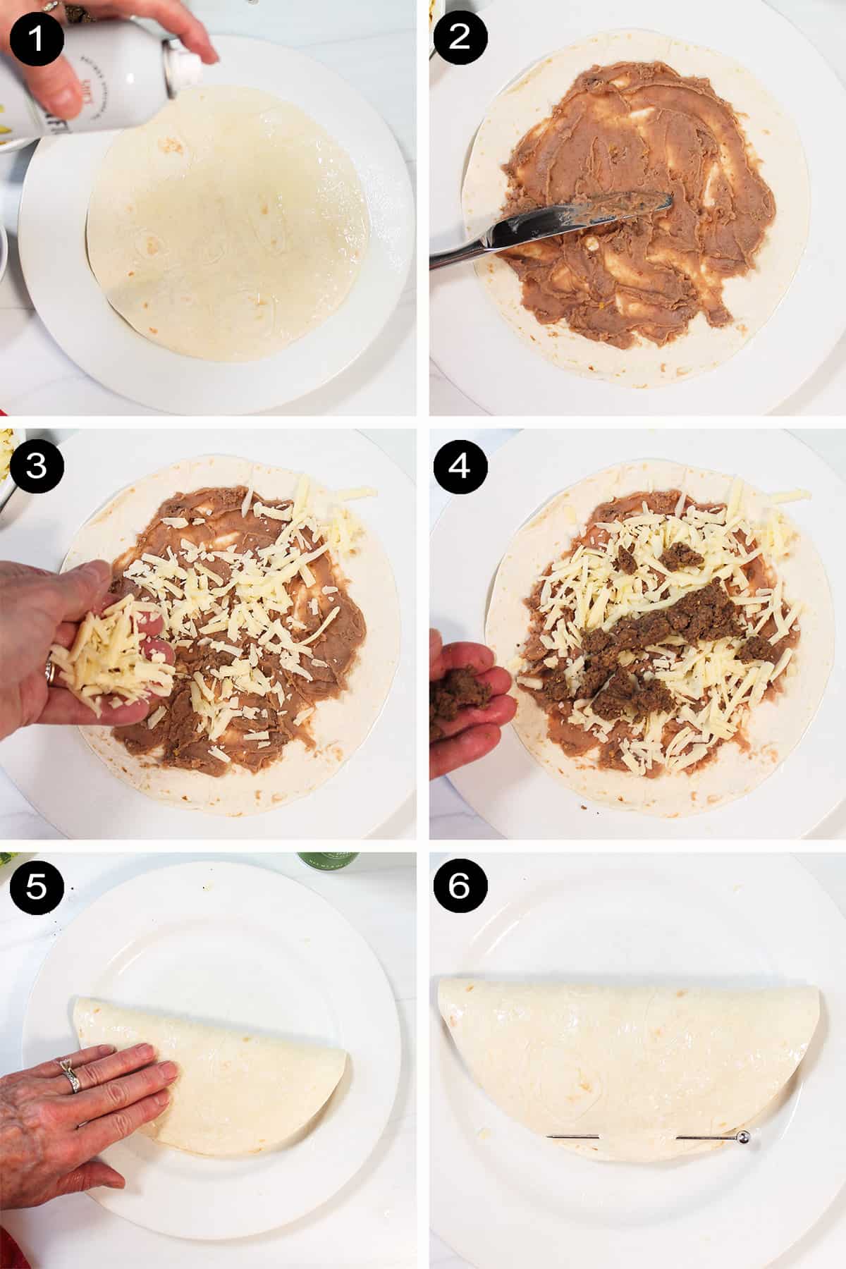 Collage of steps to make air fryer quesadillas.