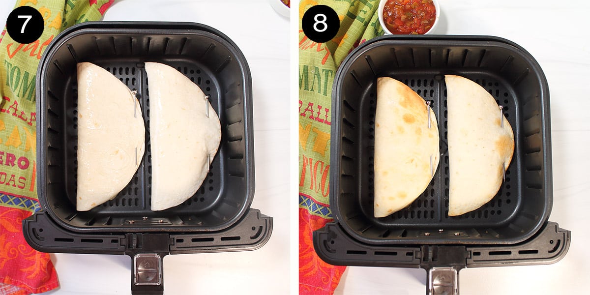 Steps 7-8 showing filled tortillas in air fryer.