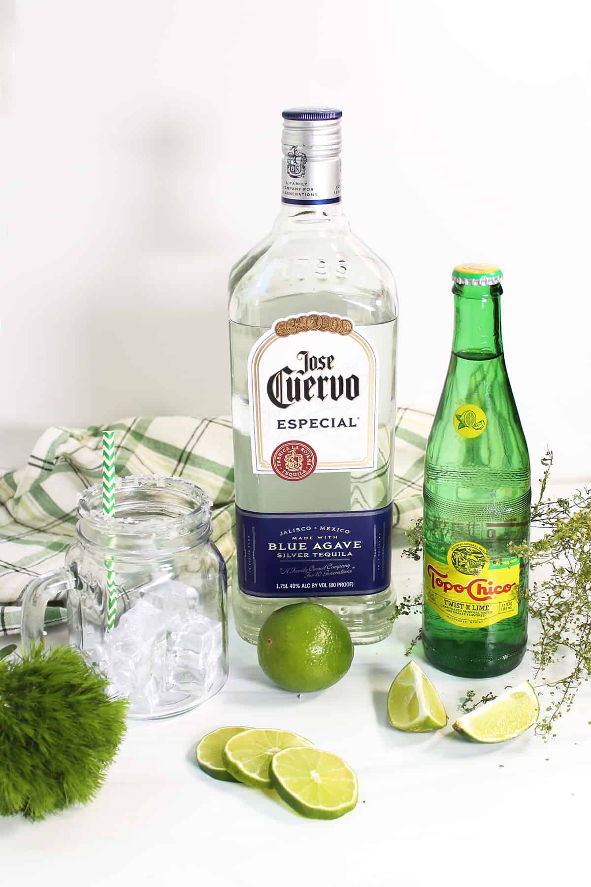 Ranch Water ingredients on white table.