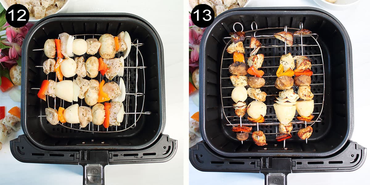 Air frying chicken kabobs.