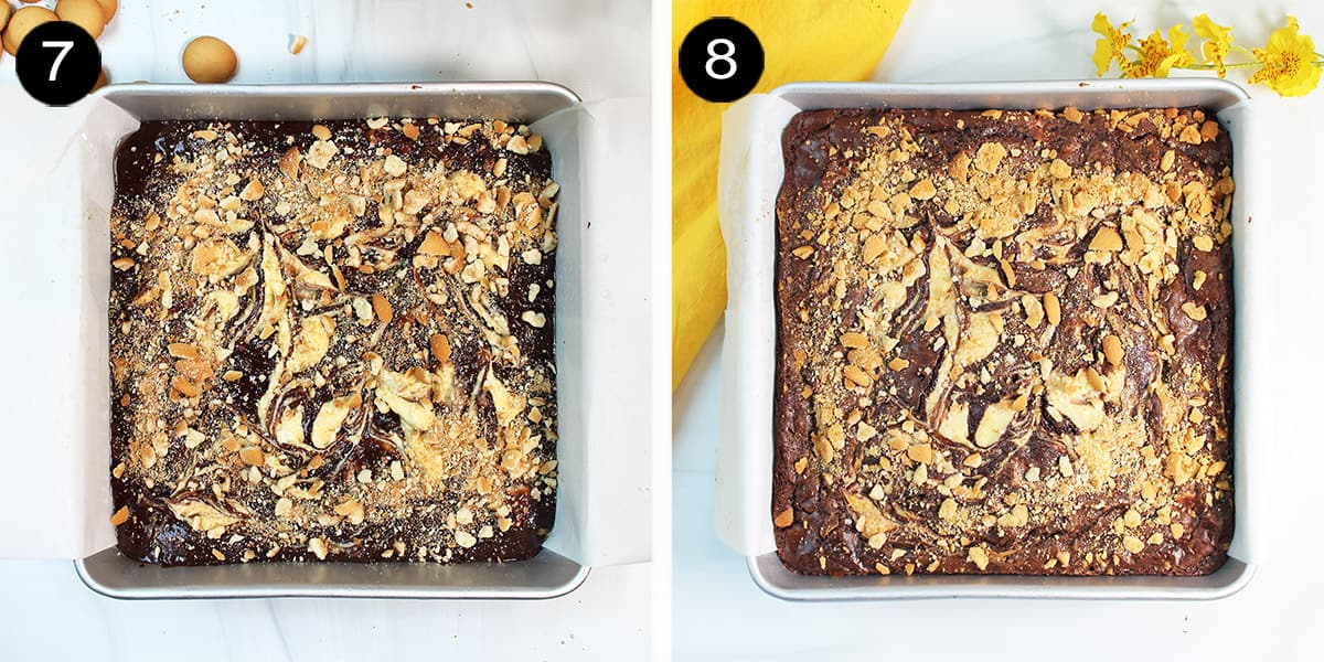 Before and after baking brownies in pan.